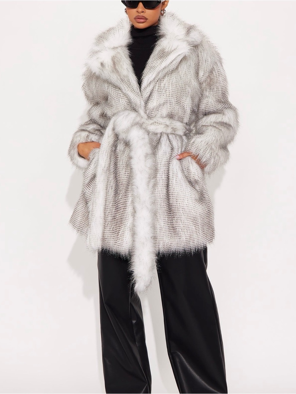 Fashion Nova Grey And White Faux Fur Trench Coat Women’s Size XS Oversized Cute